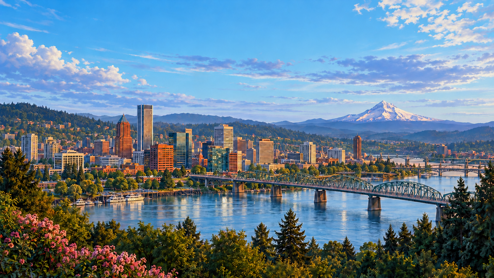 Colorful Portland-inspired illustration with bridges, the river, and Mount Hood beneath a cool blue sky